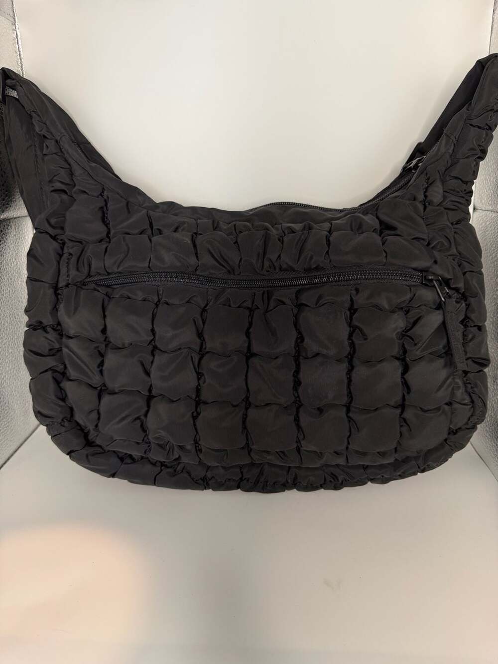 Quilted Puffer Hobo Shoulder Bag with Zippered Front Pocket